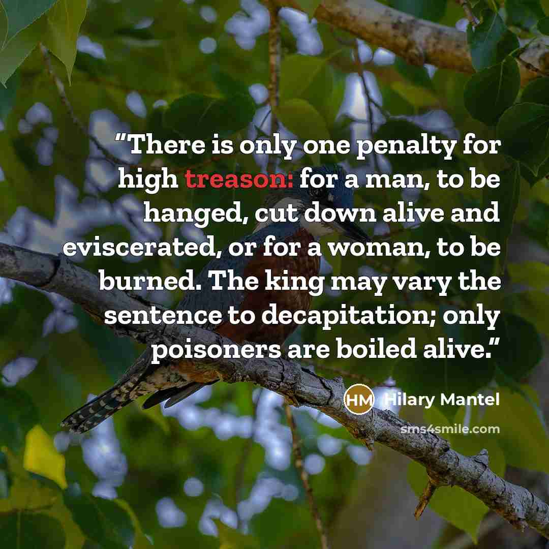 “There is only one penalty for high treason: for a man, to be hanged, cut down alive and eviscerated, or for a woman, to be burned. The king may vary the sentence to decapitation; only poisoners are boiled alive.” quote by Hilary Mantel