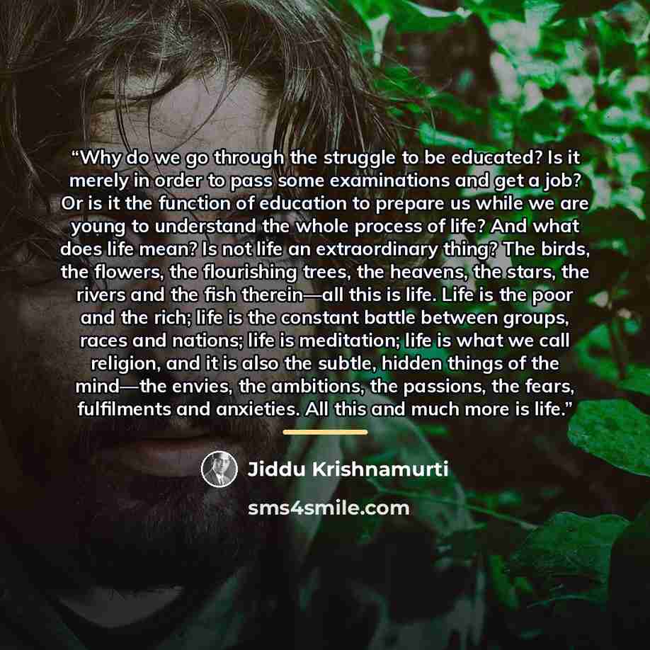 “Why do we go through the struggle to be educated? Is it merely in order to pass some examinations and get a job? Or is it the function of education to prepare us while we are young to understand the whole process of life? And what does life mean? Is not life an extraordinary thing? The birds, the…” quote by Jiddu Krishnamurti