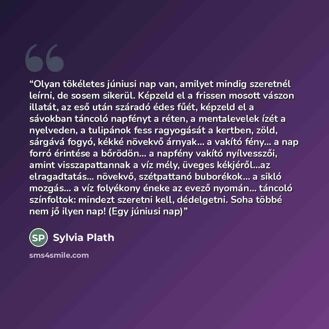 “Olyan tökéletes júniusi nap van, amilyet mindig szeretnél leírni, de sosem sikerül. Képzeld el a frissen mosott vászon illatát, az eső után száradó édes fűét, képzeld el a sávokban táncoló napfényt a réten, a mentalevelek ízét a nyelveden, a tulipánok fess ragyogását a kertben, zöld, sárgává…” quote by Sylvia Plath