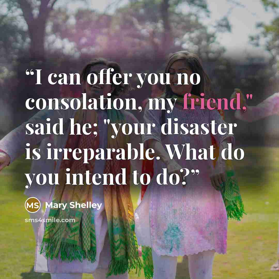 “I can offer you no consolation, my friend," said he; "your disaster is irreparable. What do you intend to do?” quote by Mary Shelley