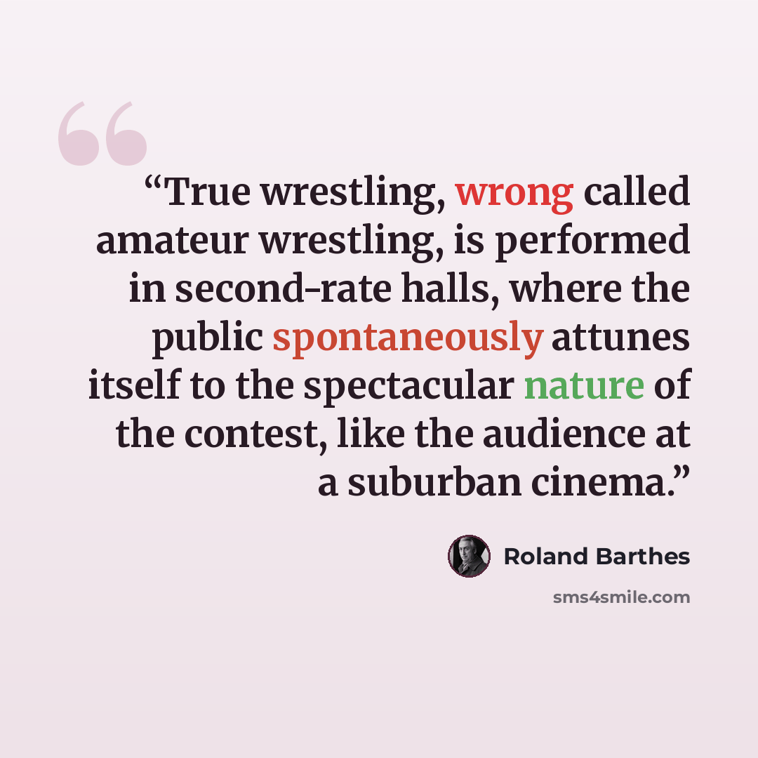 “True wrestling, wrong called amateur wrestling, is performed in second-rate halls, where the public spontaneously attunes itself to the spectacular nature of the contest, like the audience at a suburban cinema.” quote by Roland Barthes