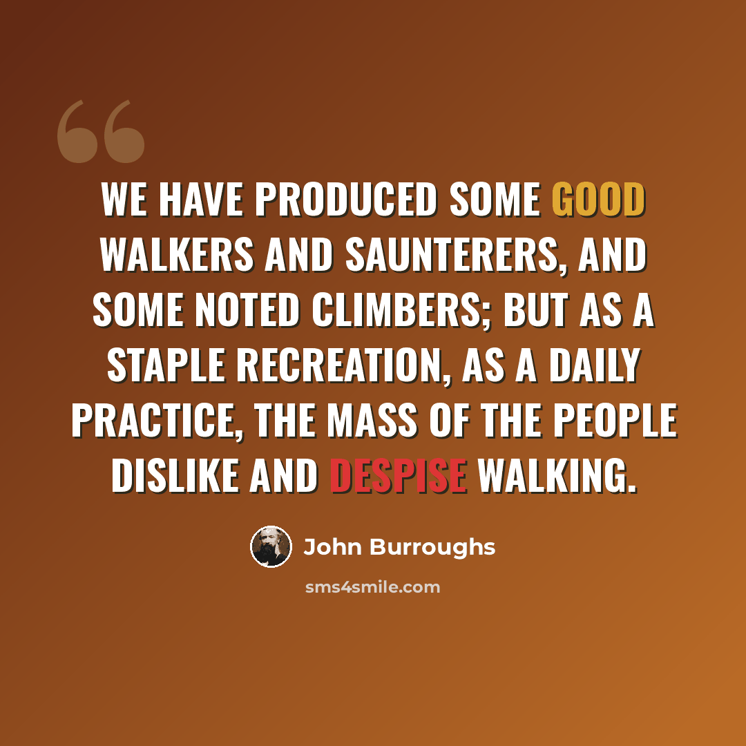 “We have produced some good walkers and saunterers, and some noted climbers; but as a staple recreation, as a daily practice, the mass of the people dislike and despise walking.” quote by John Burroughs