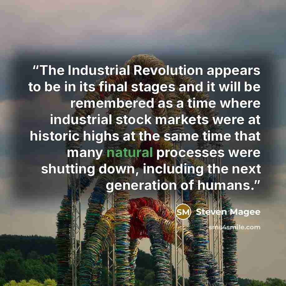 “The Industrial Revolution appears to be in its final stages and it will be remembered as a time where industrial stock markets were at historic highs at the same time that many natural processes were shutting down, including the next generation of humans.” quote by Steven Magee