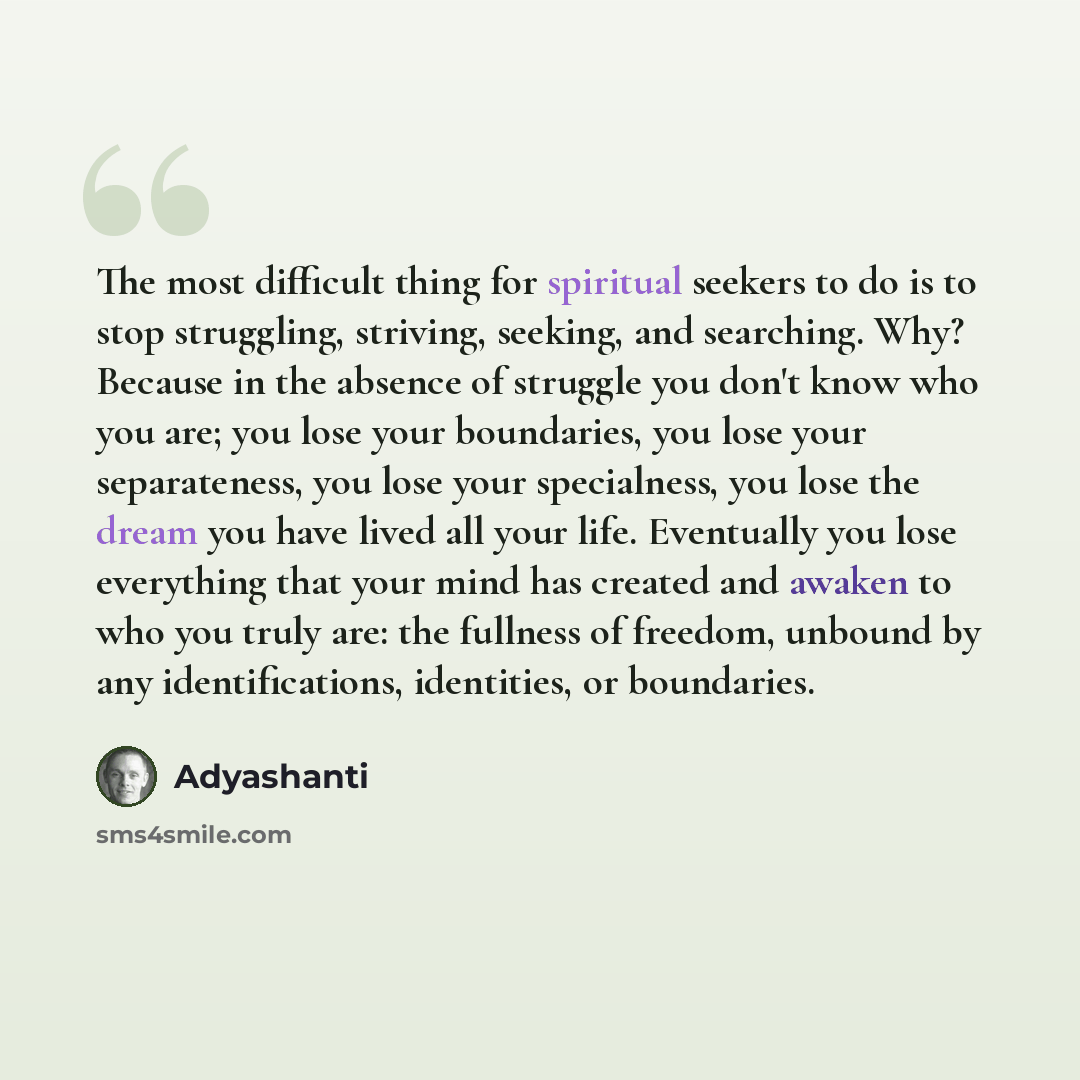 “The most difficult thing for spiritual seekers to do is to stop struggling, striving, seeking, and searching. Why? Because in the absence of struggle you don't know who you are; you lose your boundaries, you lose your separateness, you lose your specialness, you lose the dream you have lived all…” quote by Adyashanti