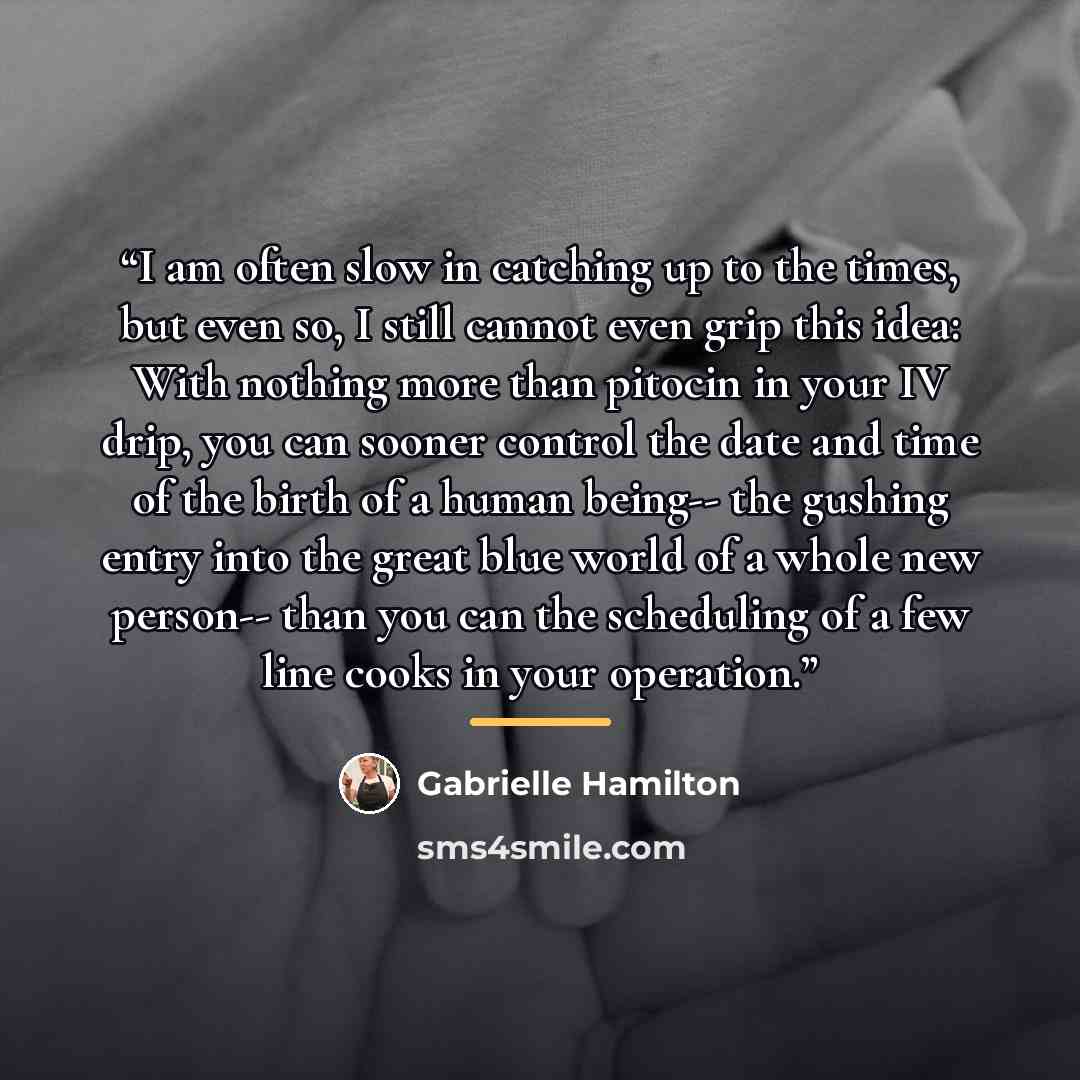 “I am often slow in catching up to the times, but even so, I still cannot even grip this idea: With nothing more than pitocin in your IV drip, you can sooner control the date and time of the birth of a human being-- the gushing entry into the great blue world of a whole new person-- than you can…” quote by Gabrielle Hamilton