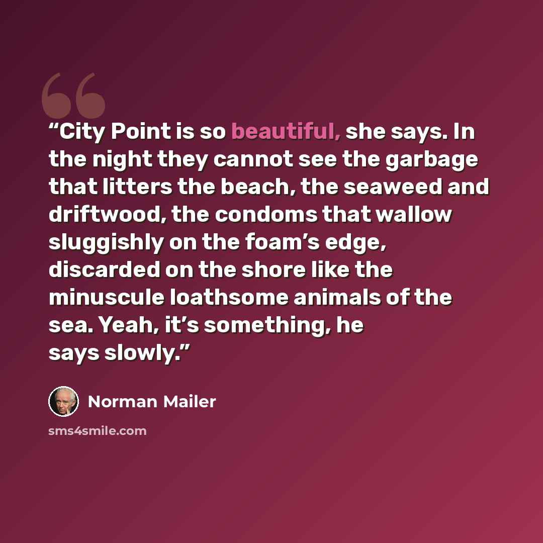 “City Point is so beautiful, she says. In the night they cannot see the garbage that litters the beach, the seaweed and driftwood, the condoms that wallow sluggishly on the foam’s edge, discarded on the shore like the minuscule loathsome animals of the sea. Yeah, it’s something, he says slowly.” quote by Norman Mailer