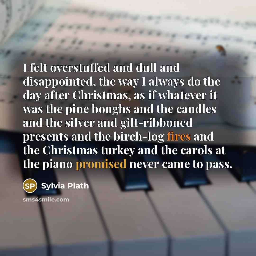 “I felt overstuffed and dull and disappointed, the way I always do the day after Christmas, as if whatever it was the pine boughs and the candles and the silver and gilt-ribboned presents and the birch-log fires and the Christmas turkey and the carols at the piano promised never came to pass.” quote by Sylvia Plath