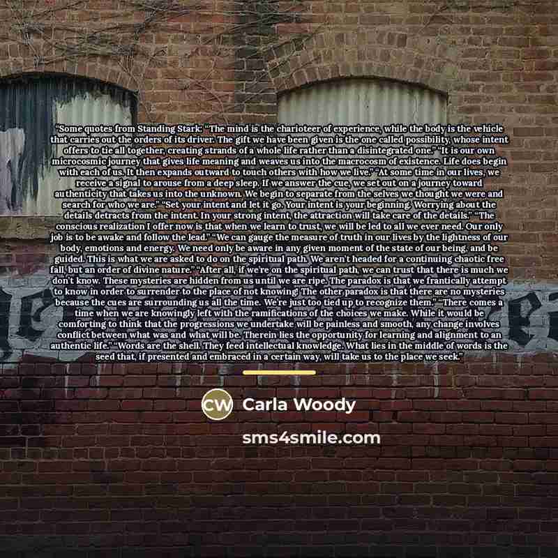 “Some quotes from Standing Stark: “The mind is the charioteer of experience, while the body is the vehicle that carries out the orders of its driver. The gift we have been given is the one called possibility, whose intent offers to tie all together, creating strands of a whole life rather than a…” quote by Carla Woody