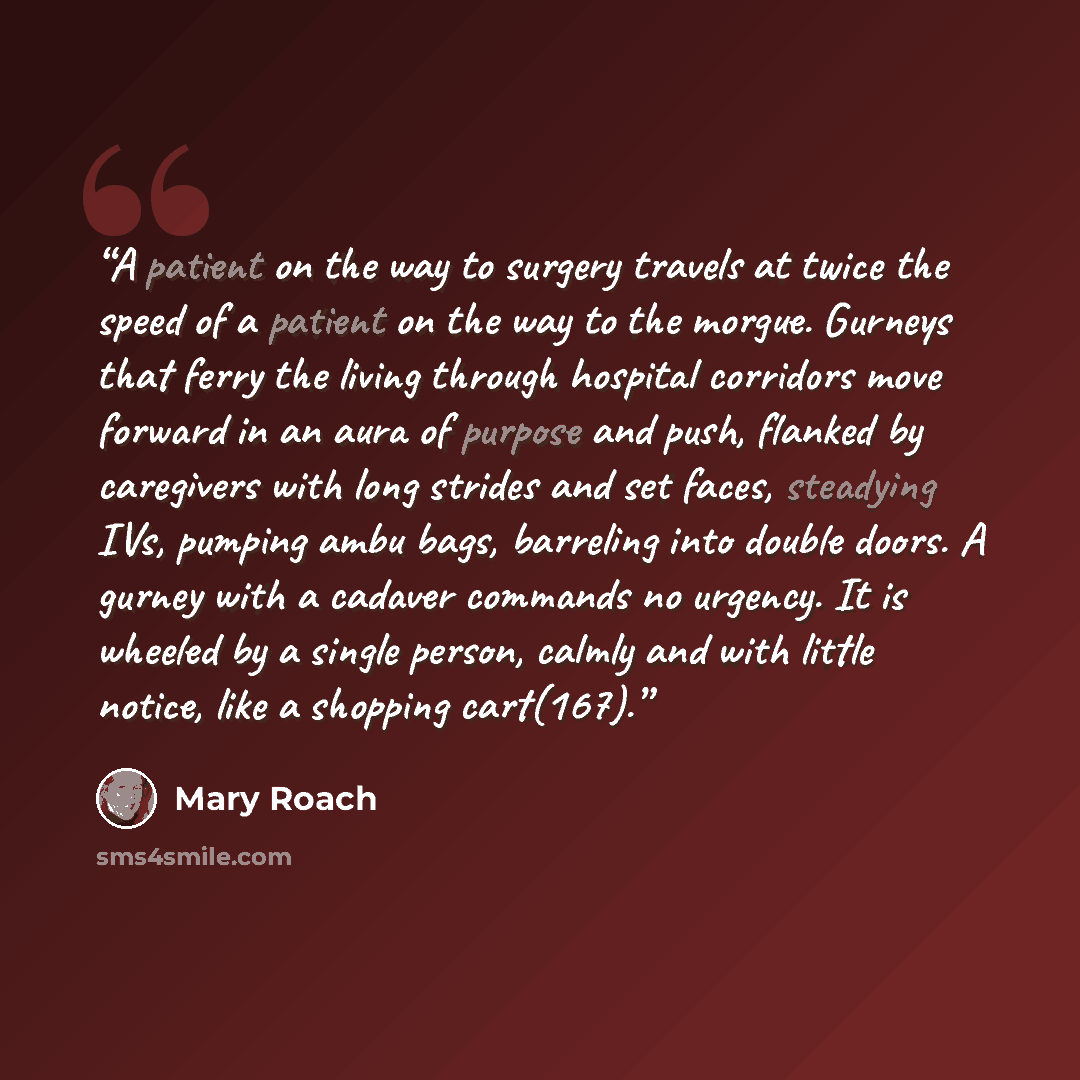 “A patient on the way to surgery travels at twice the speed of a patient on the way to the morgue. Gurneys that ferry the living through hospital corridors move forward in an aura of purpose and push, flanked by caregivers with long strides and set faces, steadying IVs, pumping ambu bags, barreling…” quote by Mary Roach