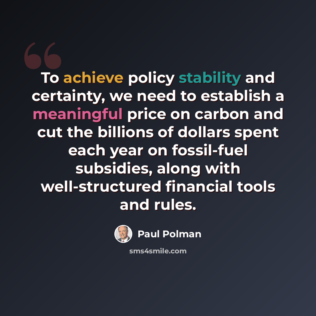 “To achieve policy stability and certainty, we need to establish a meaningful price on carbon and cut the billions of dollars spent each year on fossil-fuel subsidies, along with well-structured financial tools and rules.” quote by Paul Polman