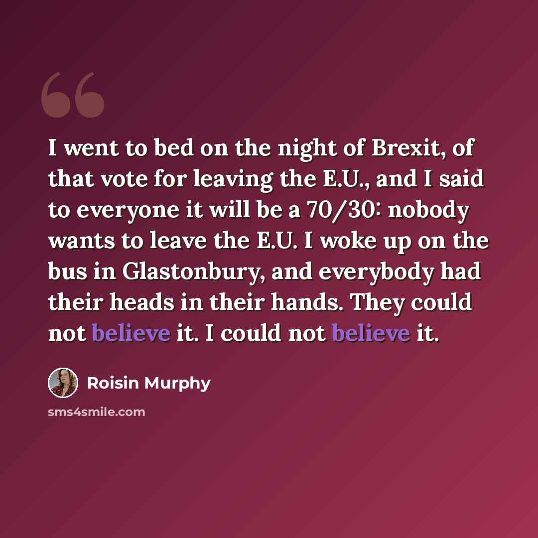 “I went to bed on the night of Brexit, of that vote for leaving the E.U., and I said to everyone it will be a 70/30: nobody wants to leave the E.U. I woke up on the bus in Glastonbury, and everybody had their heads in their hands. They could not believe it. I could not believe it.” quote by Roisin Murphy