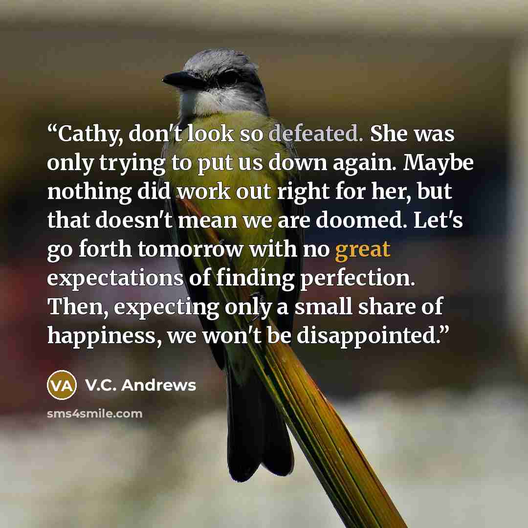 “Cathy, don't look so defeated. She was only trying to put us down again. Maybe nothing did work out right for her, but that doesn't mean we are doomed. Let's go forth tomorrow with no great expectations of finding perfection. Then, expecting only a small share of happiness, we won't be disappointed.” quote by V.C. Andrews
