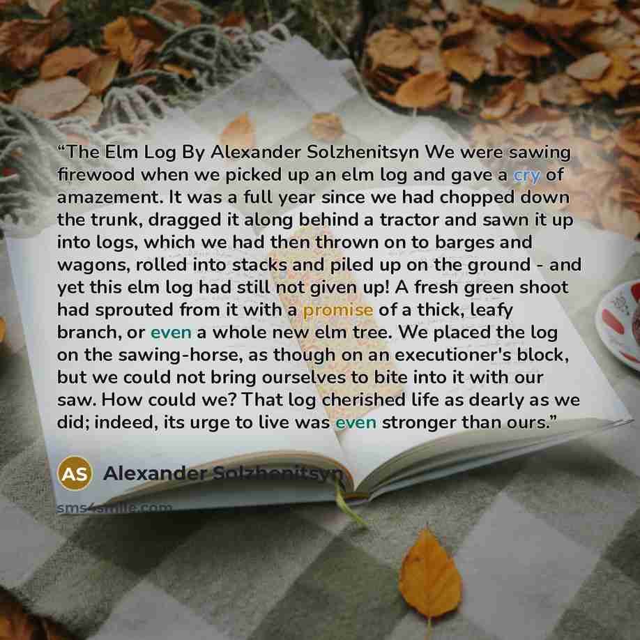 “The Elm Log By Alexander Solzhenitsyn We were sawing firewood when we picked up an elm log and gave a cry of amazement. It was a full year since we had chopped down the trunk, dragged it along behind a tractor and sawn it up into logs, which we had then thrown on to barges and wagons, rolled into…” quote by Alexander Solzhenitsyn
