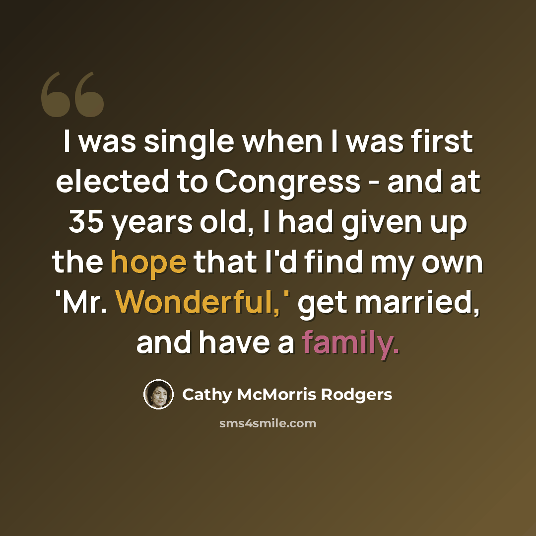 “I was single when I was first elected to Congress - and at 35 years old, I had given up the hope that I'd find my own 'Mr. Wonderful,' get married, and have a family.” quote by Cathy McMorris Rodgers