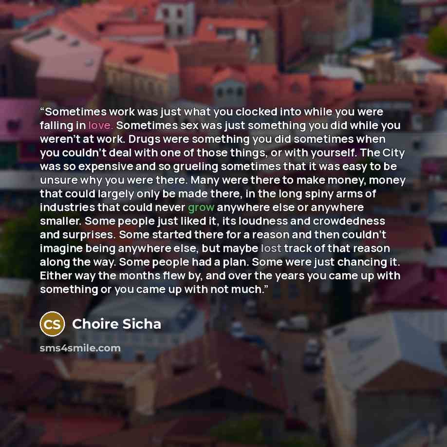 “Sometimes work was just what you clocked into while you were falling in love. Sometimes sex was just something you did while you weren't at work. Drugs were something you did sometimes when you couldn't deal with one of those things, or with yourself. The City was so expensive and so grueling…” quote by Choire Sicha
