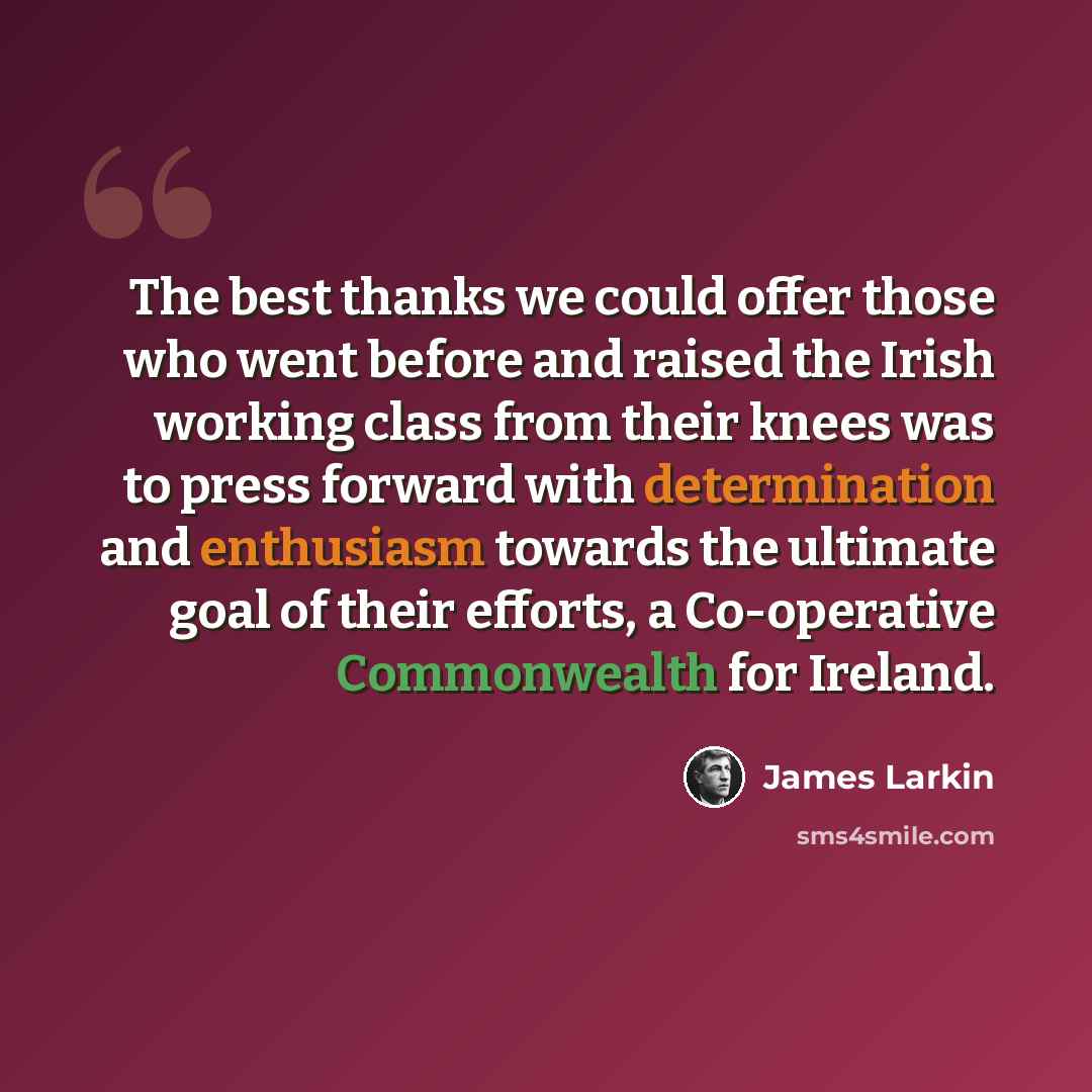 “The best thanks we could offer those who went before and raised the Irish working class from their knees was to press forward with determination and enthusiasm towards the ultimate goal of their efforts, a Co-operative Commonwealth for Ireland.” quote by James Larkin