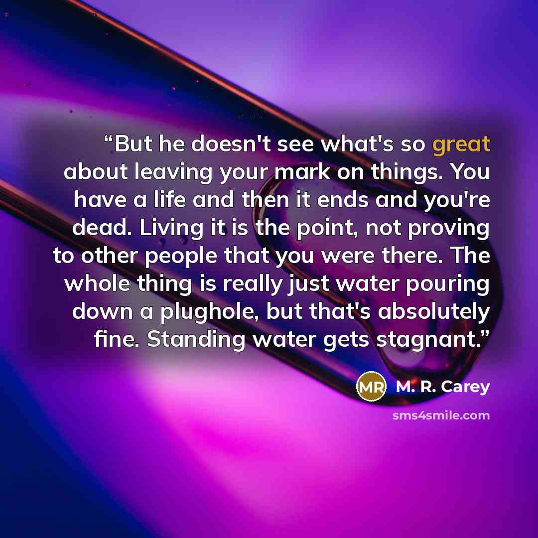 “But he doesn't see what's so great about leaving your mark on things. You have a life and then it ends and you're dead. Living it is the point, not proving to other people that you were there. The whole thing is really just water pouring down a plughole, but that's absolutely fine. Standing water…” quote by M. R. Carey