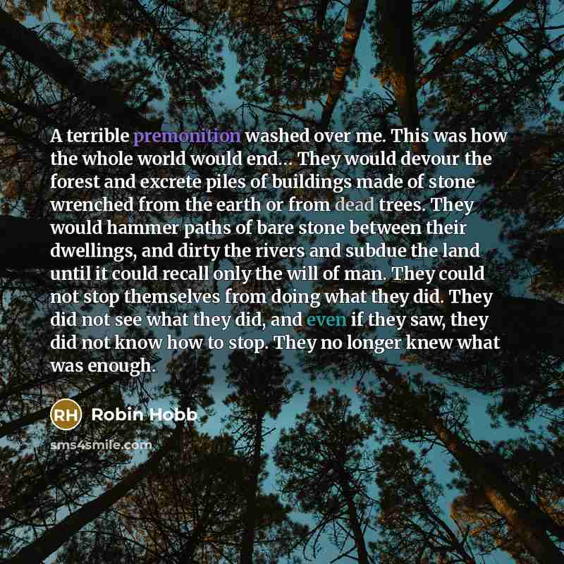 “A terrible premonition washed over me. This was how the whole world would end… They would devour the forest and excrete piles of buildings made of stone wrenched from the earth or from dead trees. They would hammer paths of bare stone between their dwellings, and dirty the rivers and subdue the…” quote by Robin Hobb