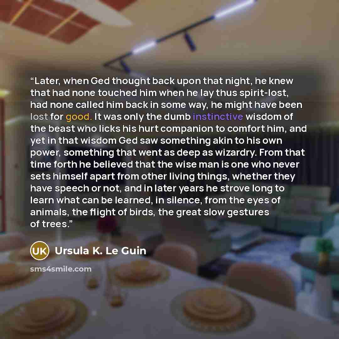 “Later, when Ged thought back upon that night, he knew that had none touched him when he lay thus spirit-lost, had none called him back in some way, he might have been lost for good. It was only the dumb instinctive wisdom of the beast who licks his hurt companion to comfort him, and yet in that…” quote by Ursula K. Le Guin