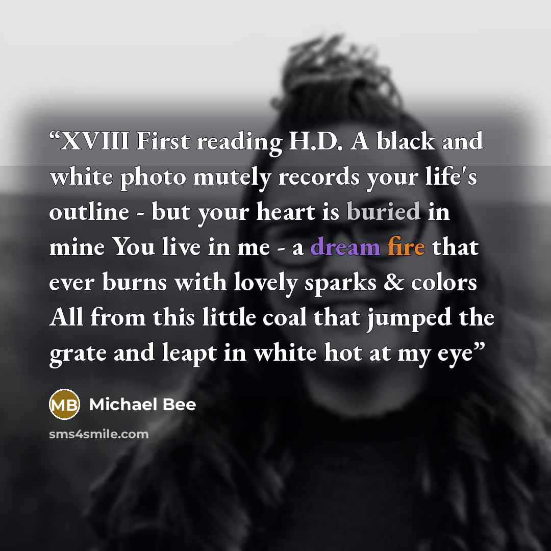 “XVIII First reading H.D. A black and white photo mutely records your life's outline - but your heart is buried in mine You live in me - a dream fire that ever burns with lovely sparks & colors All from this little coal that jumped the grate and leapt in white hot at my eye” quote by Michael Bee