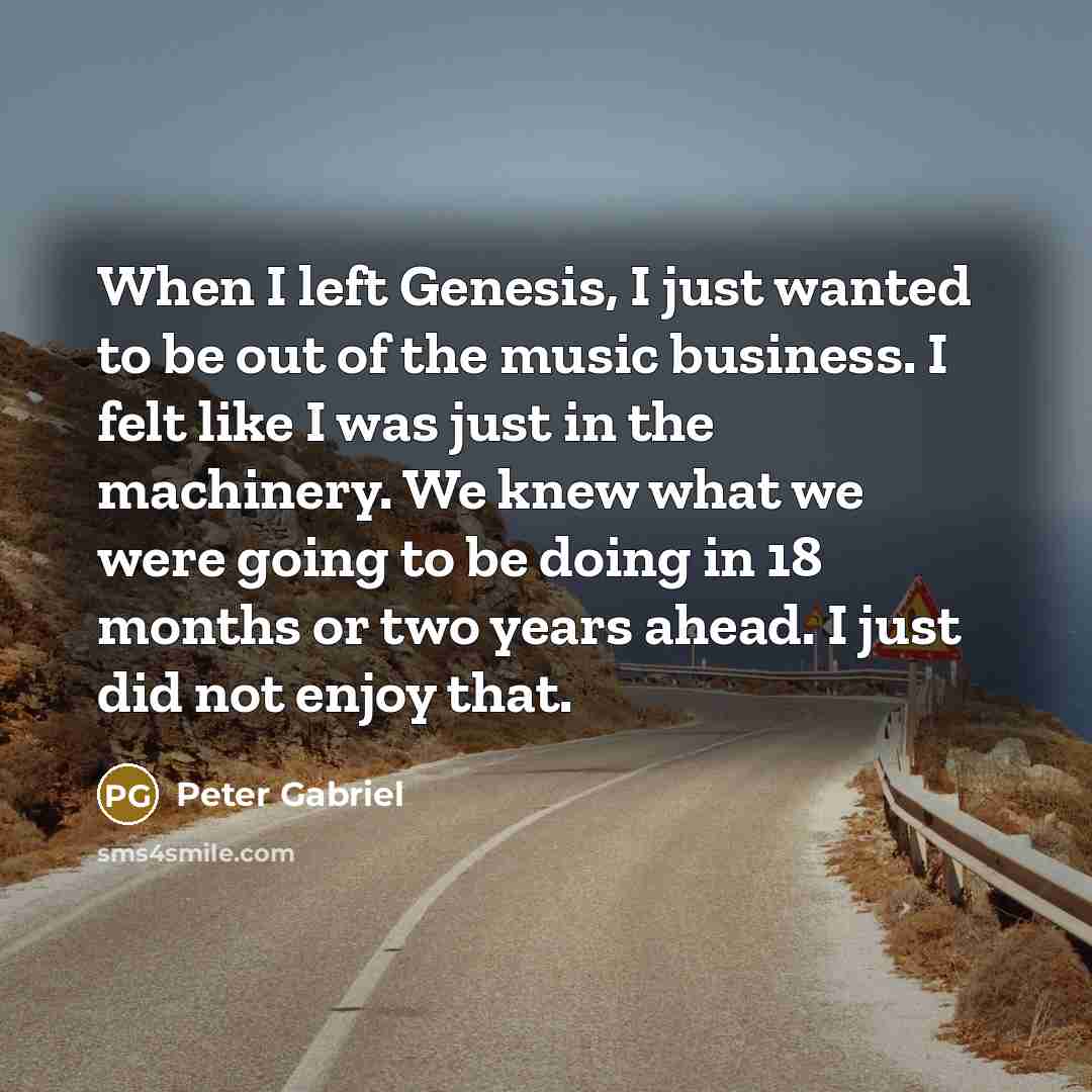 “When I left Genesis, I just wanted to be out of the music business. I felt like I was just in the machinery. We knew what we were going to be doing in 18 months or two years ahead. I just did not enjoy that.” quote by Peter Gabriel