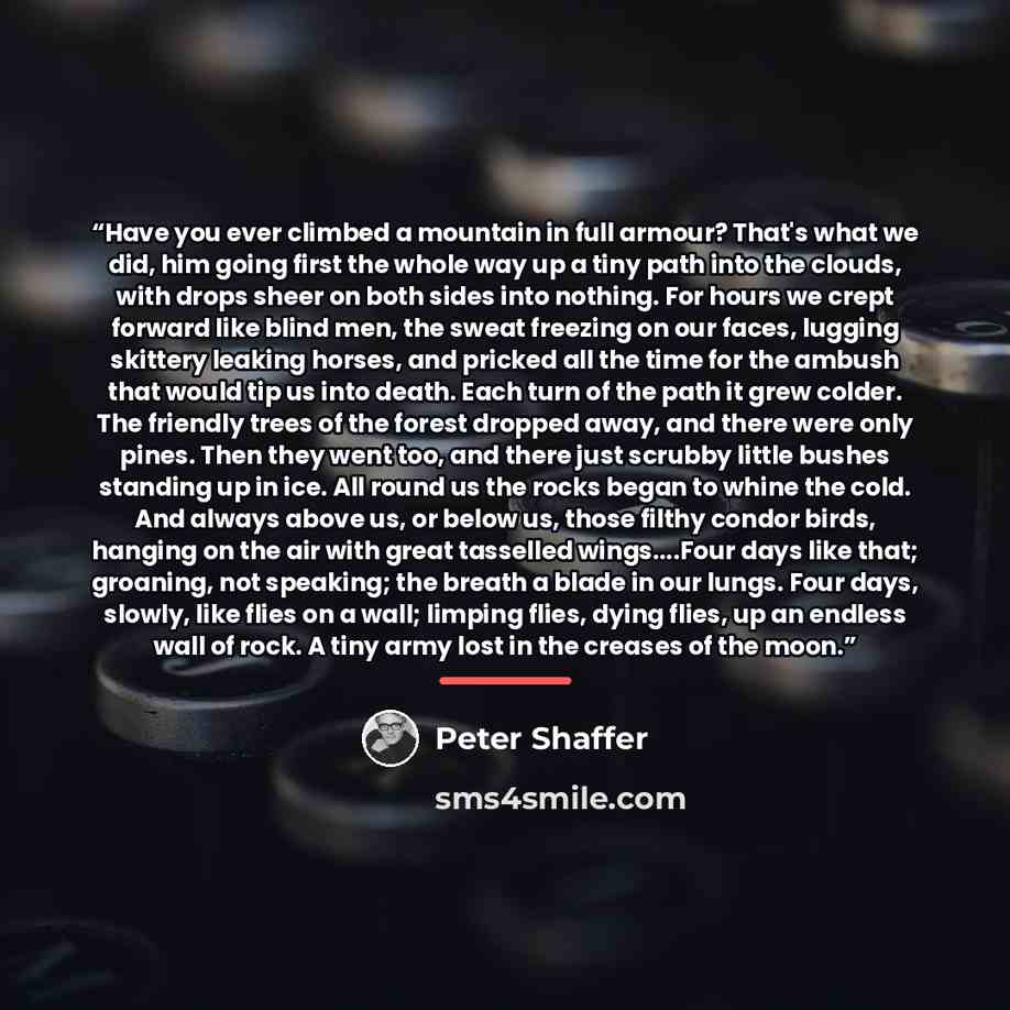 “Have you ever climbed a mountain in full armour? That's what we did, him going first the whole way up a tiny path into the clouds, with drops sheer on both sides into nothing. For hours we crept forward like blind men, the sweat freezing on our faces, lugging skittery leaking horses, and pricked…” quote by Peter Shaffer