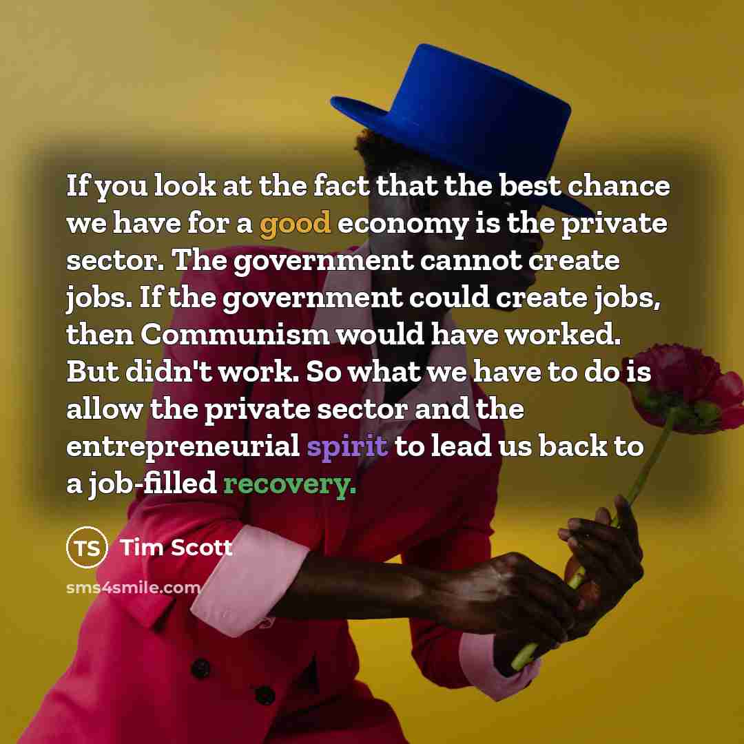 “If you look at the fact that the best chance we have for a good economy is the private sector. The government cannot create jobs. If the government could create jobs, then Communism would have worked. But didn't work. So what we have to do is allow the private sector and the entrepreneurial spirit…” quote by Tim Scott