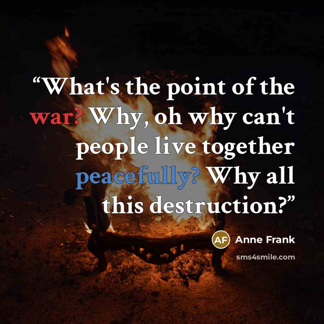 “What's the point of the war? Why, oh why can't people live together peacefully? Why all this destruction?” quote by Anne Frank