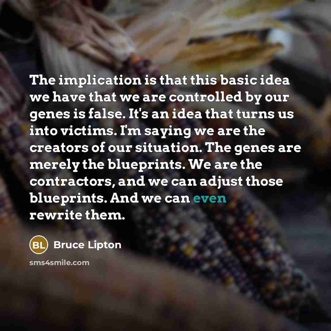 “The implication is that this basic idea we have that we are controlled by our genes is false. It's an idea that turns us into victims. I'm saying we are the creators of our situation. The genes are merely the blueprints. We are the contractors, and we can adjust those blueprints. And we can even…” quote by Bruce Lipton