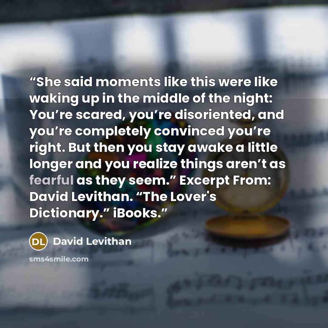 “She said moments like this were like waking up in the middle of the night: You’re scared, you’re disoriented, and you’re completely convinced you’re right. But then you stay awake a little longer and you realize things aren’t as fearful as they seem.” Excerpt From: David Levithan. “The Lover's…” quote by David Levithan