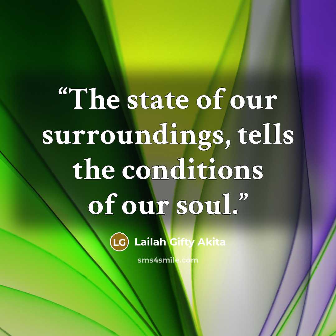 “The state of our surroundings, tells the conditions of our soul.” quote by Lailah Gifty Akita