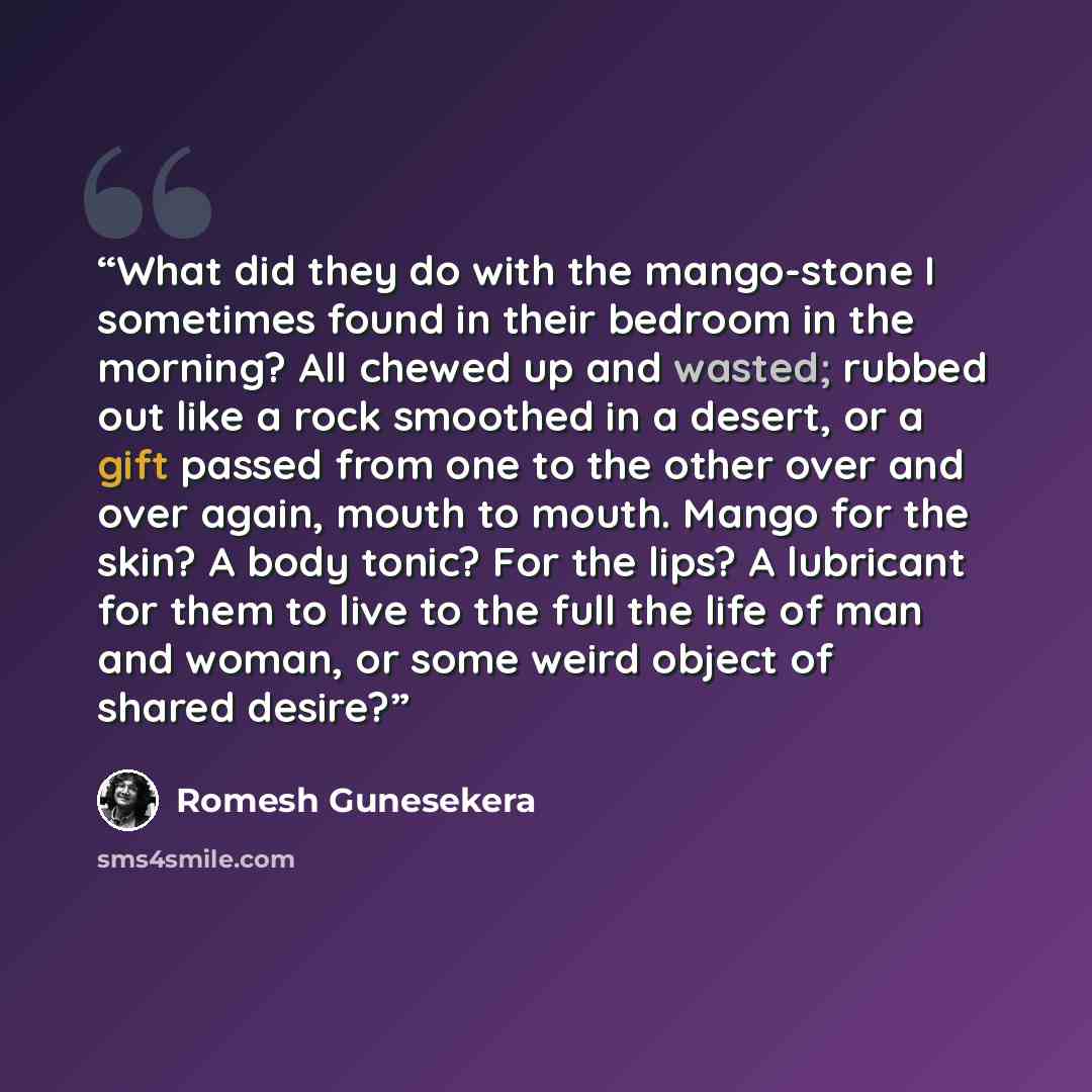“What did they do with the mango-stone I sometimes found in their bedroom in the morning? All chewed up and wasted; rubbed out like a rock smoothed in a desert, or a gift passed from one to the other over and over again, mouth to mouth. Mango for the skin? A body tonic? For the lips? A lubricant…” quote by Romesh Gunesekera