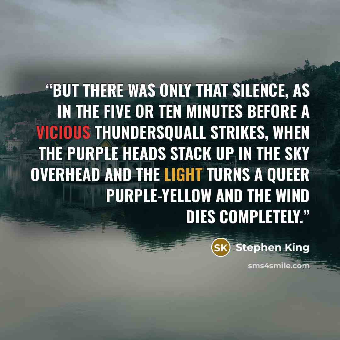 “But there was only that silence, as in the five or ten minutes before a vicious thundersquall strikes, when the purple heads stack up in the sky overhead and the light turns a queer purple-yellow and the wind dies completely.” quote by Stephen King