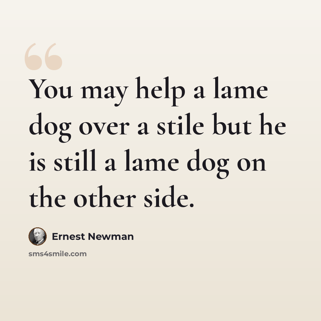 “You may help a lame dog over a stile but he is still a lame dog on the other side.” quote by Ernest Newman