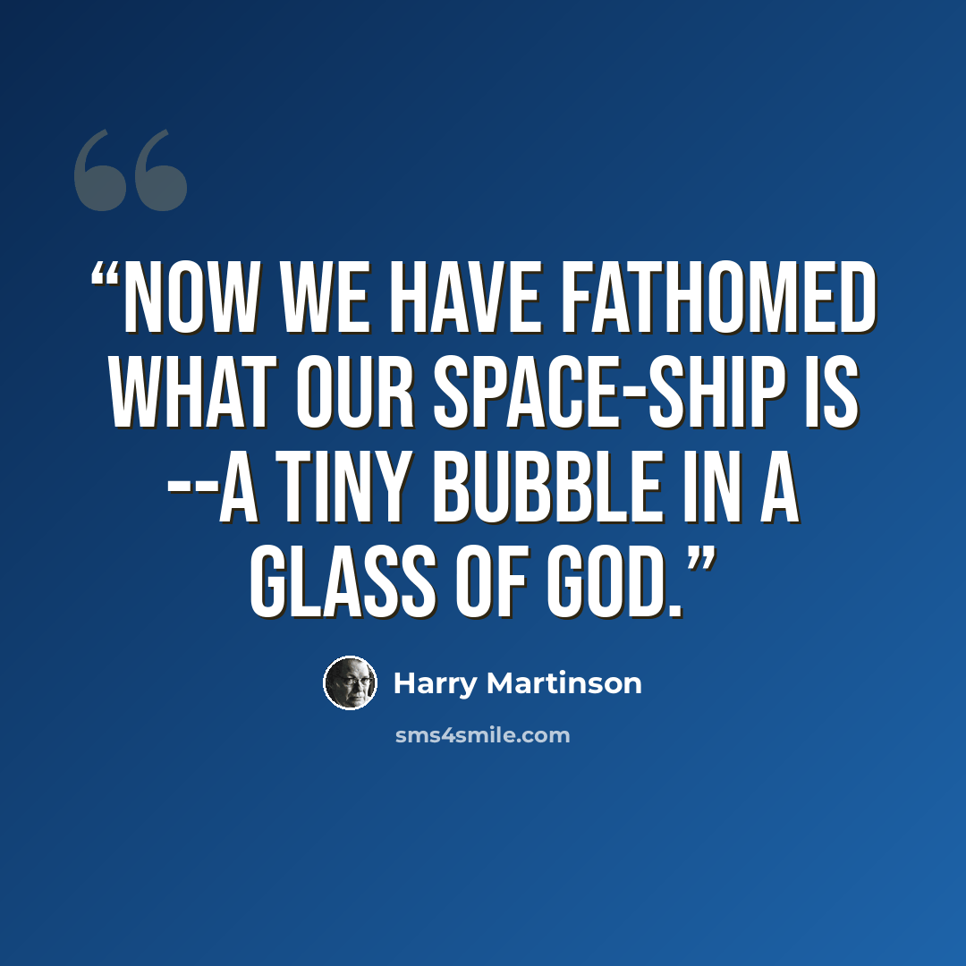 “now we have fathomed what our space-ship is --a tiny bubble in a glass of God.” quote by Harry Martinson