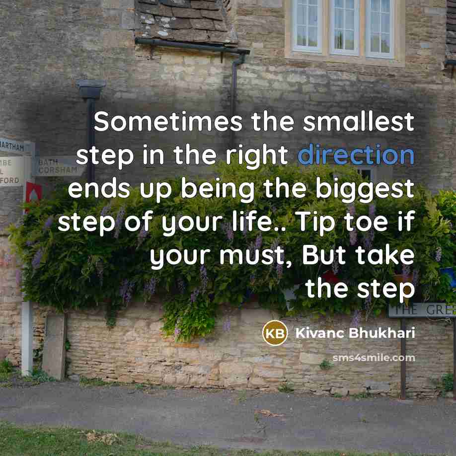 “Sometimes the smallest step in the right direction ends up being the biggest step of your life.. Tip toe if your must, But take the step” quote by Kivanc Bhukhari