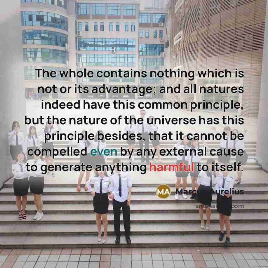 “The whole contains nothing which is not or its advantage; and all natures indeed have this common principle, but the nature of the universe has this principle besides, that it cannot be compelled even by any external cause to generate anything harmful to itself.” quote by Marcus Aurelius