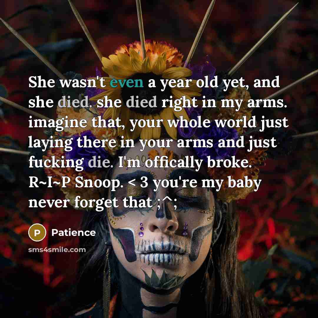 “She wasn't even a year old yet, and she died. she died right in my arms. imagine that, your whole world just laying there in your arms and just fucking die. I'm offically broke. R~I~P Snoop. < 3 you're my baby never forget that ;^;” quote by Patience