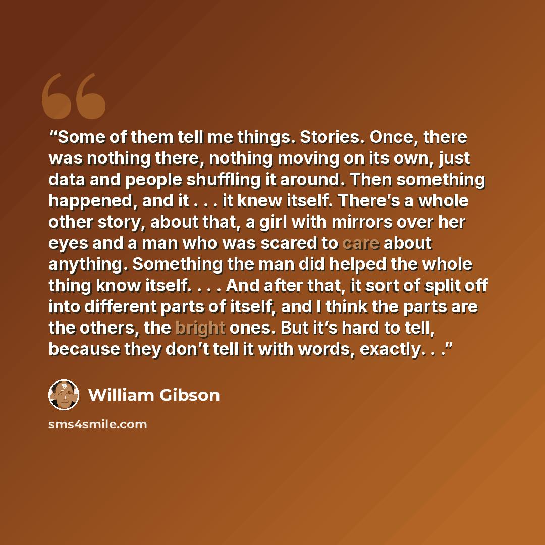 “Some of them tell me things. Stories. Once, there was nothing there, nothing moving on its own, just data and people shuffling it around. Then something happened, and it . . . it knew itself. There’s a whole other story, about that, a girl with mirrors over her eyes and a man who was scared to…” quote by William Gibson