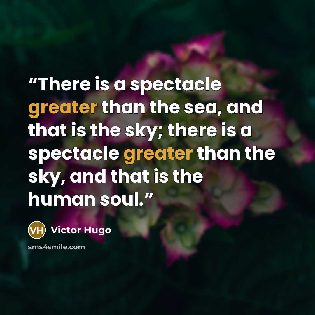 “There is a spectacle greater than the sea, and that is the sky; there is a spectacle greater than the sky, and that is the human soul.” quote by Victor Hugo