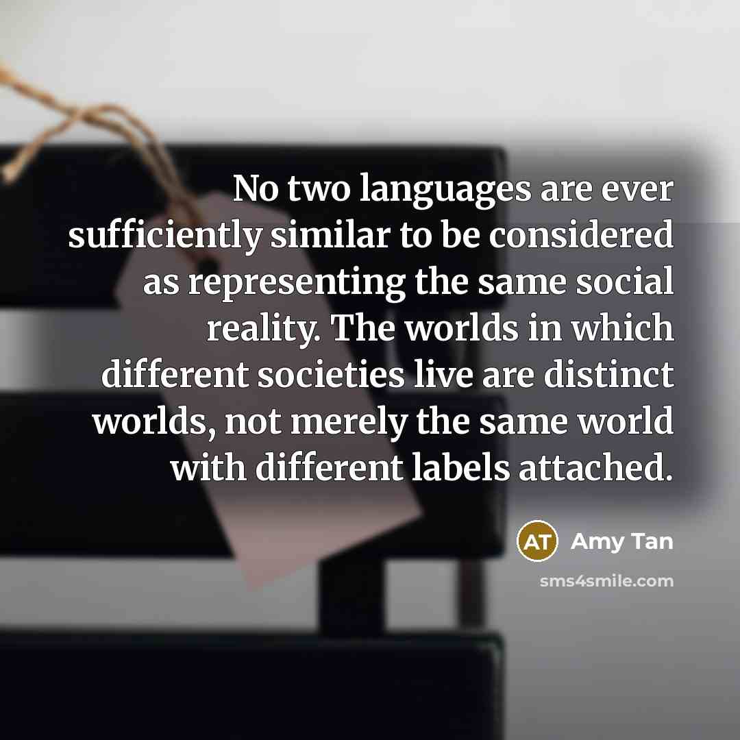 “No two languages are ever sufficiently similar to be considered as representing the same social reality. The worlds in which different societies live are distinct worlds, not merely the same world with different labels attached.” quote by Amy Tan