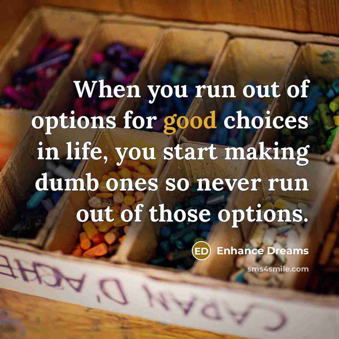 “When you run out of options for good choices in life, you start making dumb ones so never run out of those options.” quote by Enhance Dreams