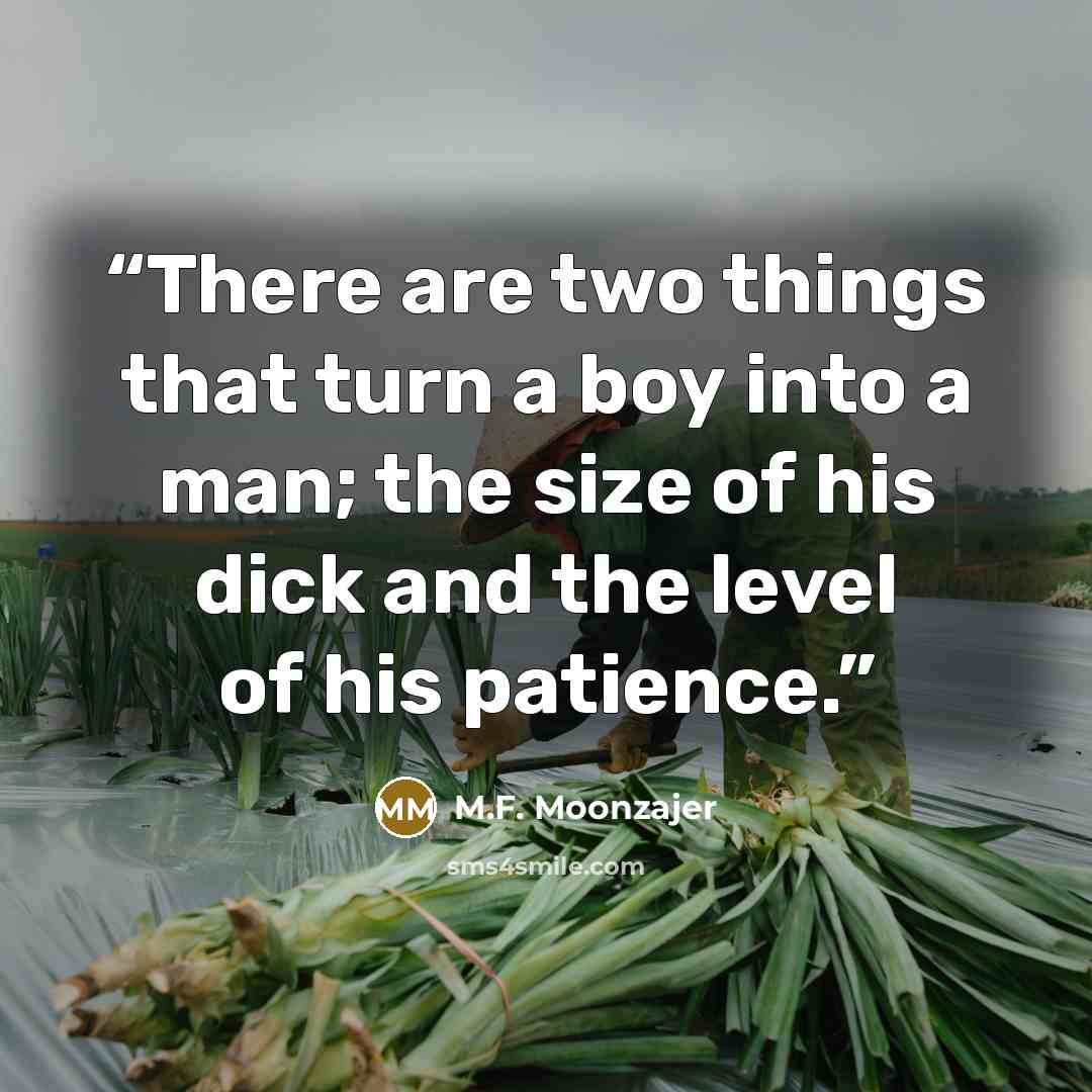 “There are two things that turn a boy into a man; the size of his dick and the level of his patience.” quote by M.F. Moonzajer