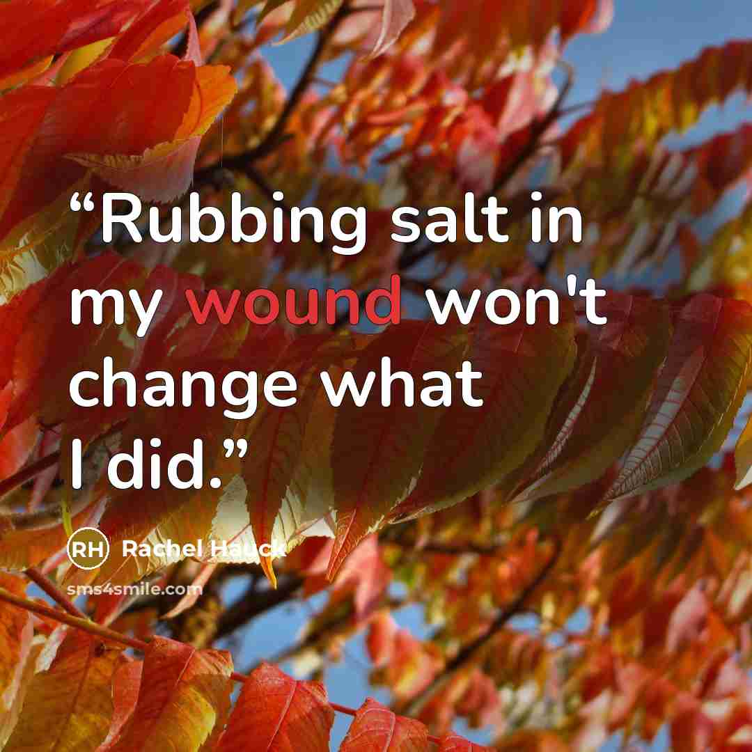 “Rubbing salt in my wound won't change what I did.” quote by Rachel Hauck