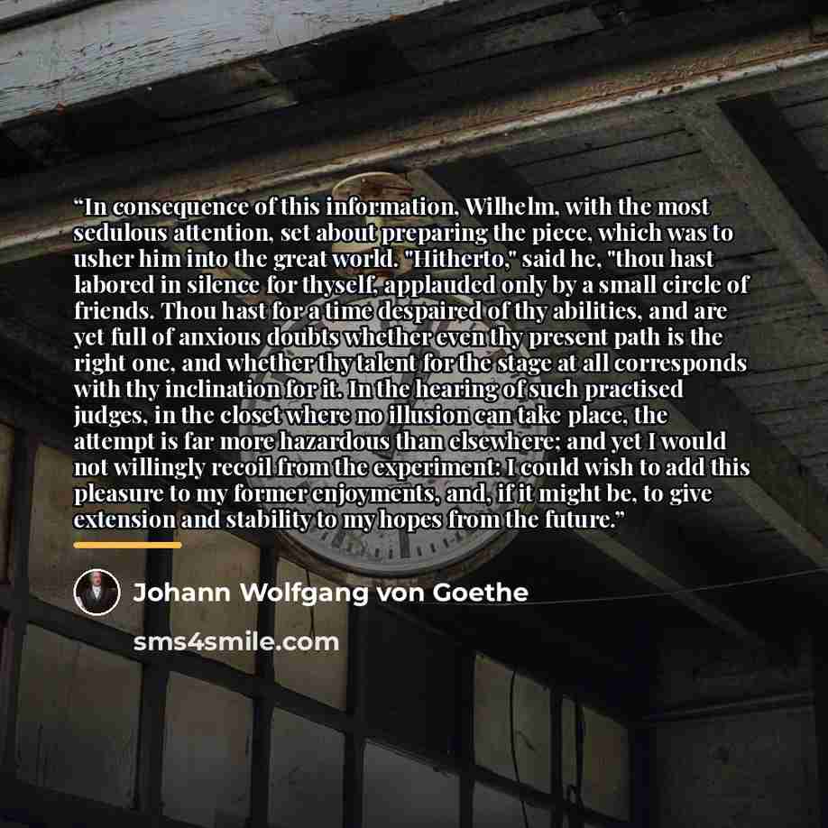 “In consequence of this information, Wilhelm, with the most sedulous attention, set about preparing the piece, which was to usher him into the great world. "Hitherto," said he, "thou hast labored in silence for thyself, applauded only by a small circle of friends. Thou hast for a time despaired of…” quote by Johann Wolfgang von Goethe