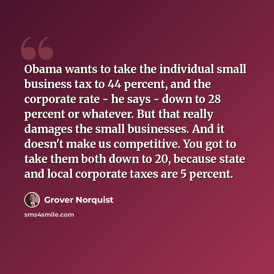 “Obama wants to take the individual small business tax to 44 percent, and the corporate rate - he says - down to 28 percent or whatever. But that really damages the small businesses. And it doesn't make us competitive. You got to take them both down to 20, because state and local corporate taxes…” quote by Grover Norquist