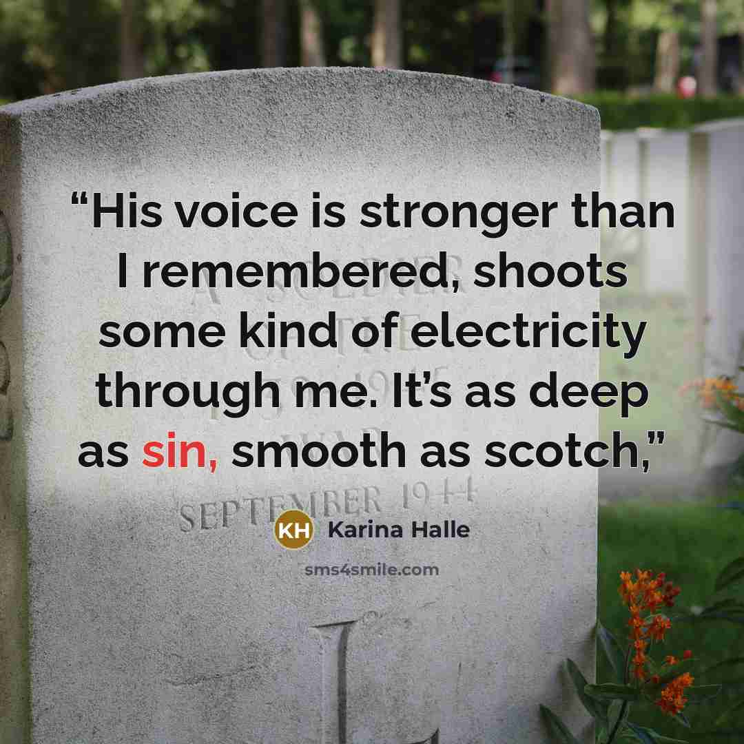 “His voice is stronger than I remembered, shoots some kind of electricity through me. It’s as deep as sin, smooth as scotch,” quote by Karina Halle