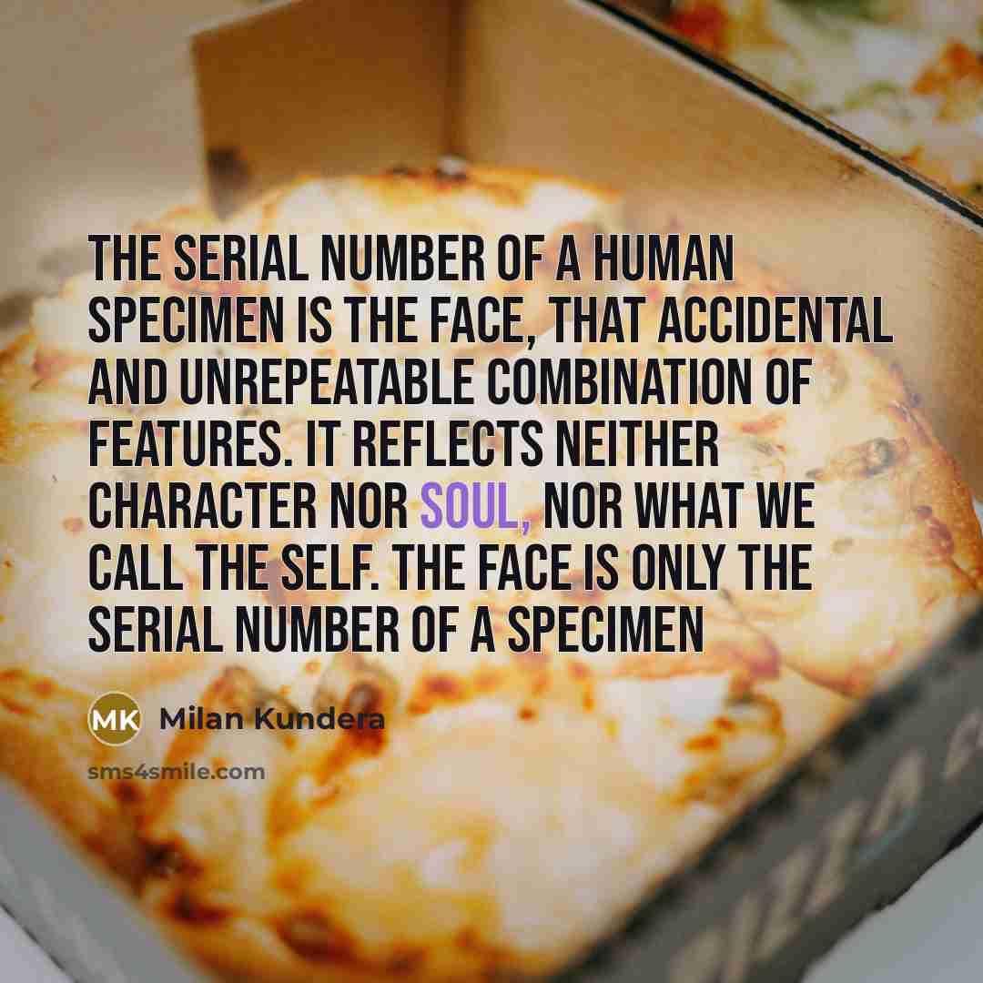 “The serial number of a human specimen is the face, that accidental and unrepeatable combination of features. It reflects neither character nor soul, nor what we call the self. The face is only the serial number of a specimen” quote by Milan Kundera