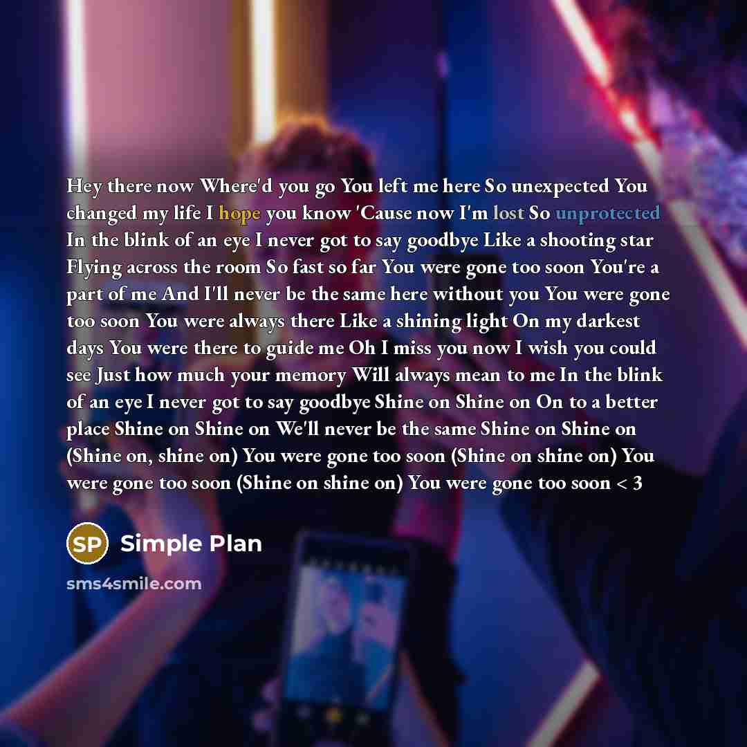 “Hey there now Where'd you go You left me here So unexpected You changed my life I hope you know 'Cause now I'm lost So unprotected In the blink of an eye I never got to say goodbye Like a shooting star Flying across the room So fast so far You were gone too soon You're a part of me And I'll never…” quote by Simple Plan