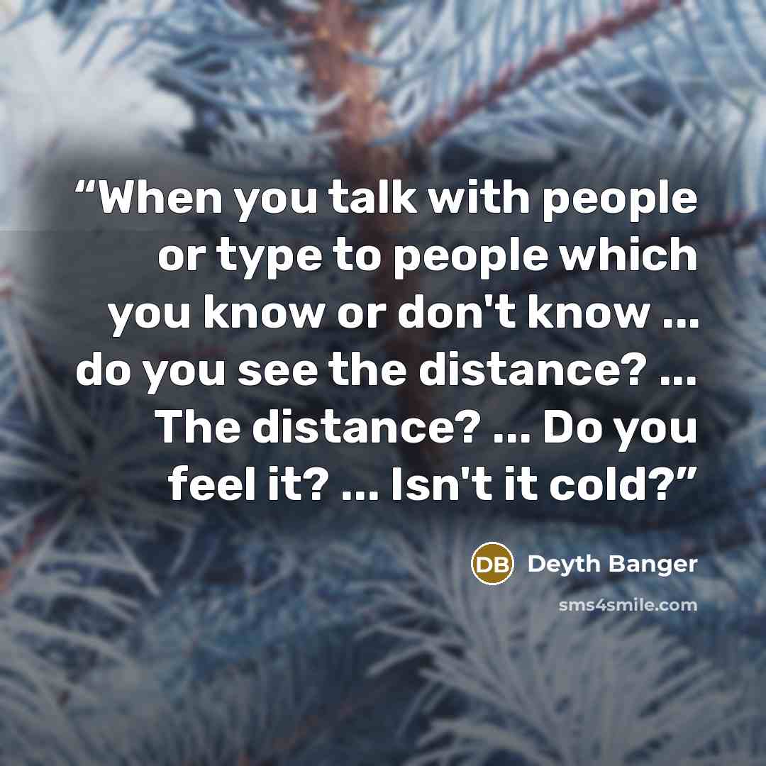 “When you talk with people or type to people which you know or don't know ... do you see the distance? ... The distance? ... Do you feel it? ... Isn't it cold?” quote by Deyth Banger